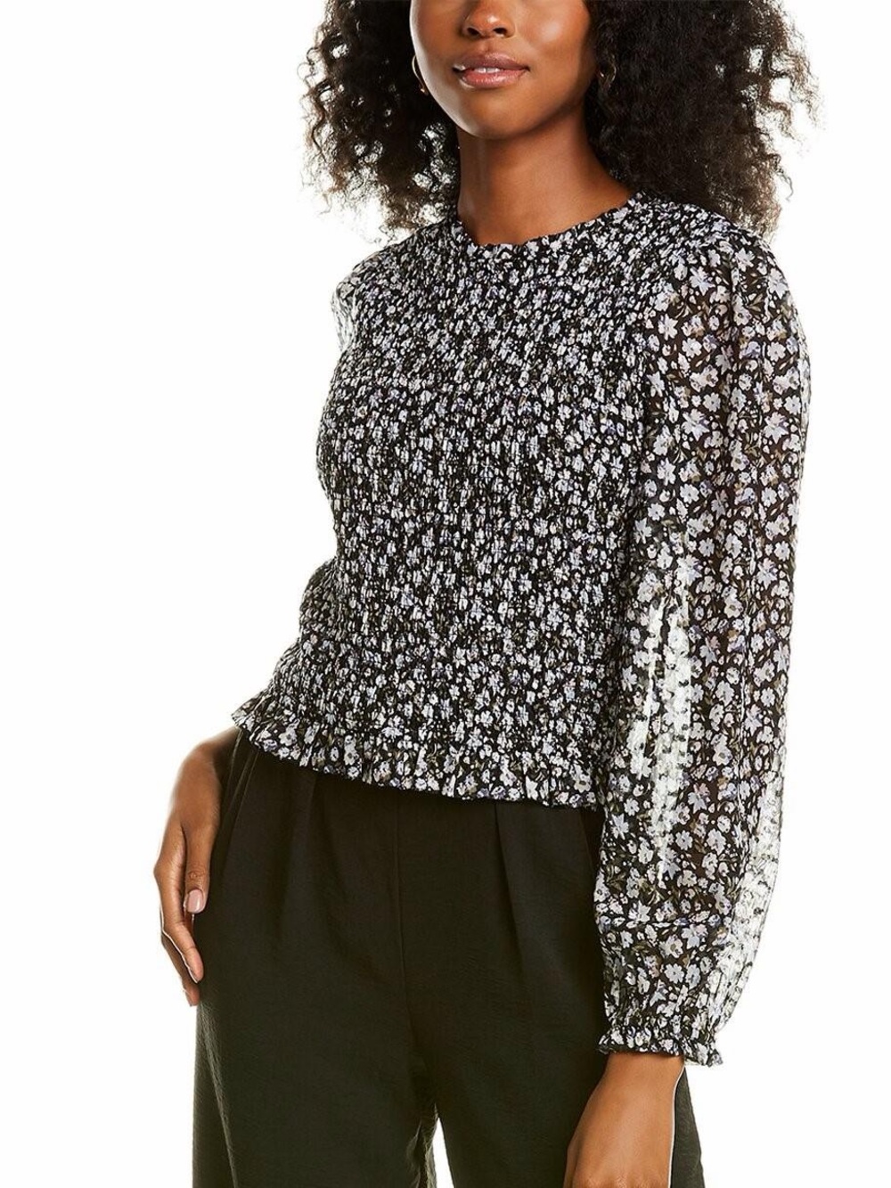 Laundry by Shelli Segal Floral Smocked Balloon Sleeve Blouse Large